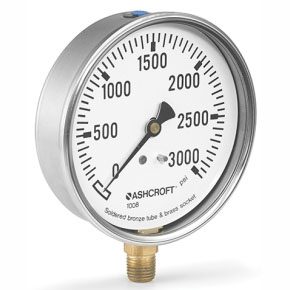 Picture of Ashcroft 100-1008AL-02L-160# 1/2" MPT, Lower, 0/160 PSI, 4" Black Figure on White Background Aluminum Dial, 304 Stainless Steel Case, Brass Socket, Polycarbonate Window, Liquid Filler, Differential, Pressure Gauge