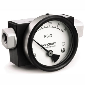 Picture of Ashcroft 20-1130FD-25S-50# 1/4" FPT, In-Line, 0/50 PSI, 2" Black Figure on White Background Dial, Aluminum Case, Glass Window, Dry Filler, Differential, Pressure Gauge