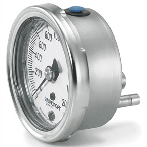 Picture of Ashcroft 25-1009AW-02B 100# 1/4" MPT, Lower Back, 0/100 PSI, 2-1/2" White Aluminum Dial, 304 Stainless Steel Case, Aluminum Bronze Process Connection, Polycarbonate Window, Dry Filler, Pressure Gauge
