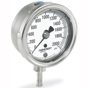 Picture of Ashcroft 25-1009AW-02L 100# 1/4" MPT, Lower, 0/100 PSI, 2-1/2" White Aluminum Dial, 304 Stainless Steel Case, Aluminum Bronze Process Connection, Polycarbonate Window, Dry Filler, Pressure Gauge