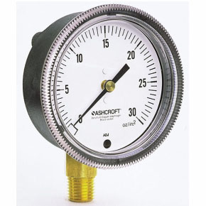 Picture of Ashcroft 25-1490A-02B-30IW 1/4" MPT, Center Back, 0/30" WC, 2-1/2" Black Figure and Interval on White Background Aluminum Dial, Glass-Filled Polysulfone Case, Brass Socket, Polycarbonate Window, Differential, Low Pressure Gauge