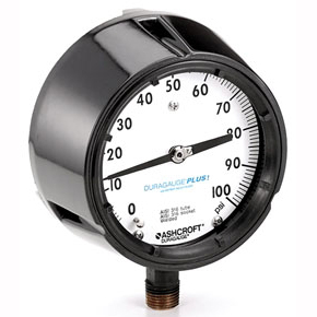 Picture of Ashcroft 45-1279ASL-04L 600# 1/2" MPT, Lower, 0/600 PSI, 4-1/2" White Aluminum Dial, Phenolic, Bronze Bourdon Tube Sensor Element, Glass Window, Glycerin Filler, Pressure Gauge