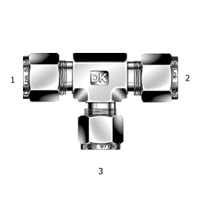 Picture of DK-Lok DTR6-6-4-B Tube to Tube Union, Reducing Union Tee Tube Fitting - 3/8" x 1/4" Port, Double Ferrule, Brass