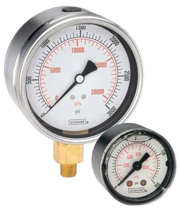 Picture of NOSHOK 40-911-30-vac/kPa 1/4" NPT, -30 Inch HG Vacuum to 0 PSI/kPa, Brass Back Connection, 4" White Aluminum Dial, Glycerin Filler, 304 Stainless Steel Case, Dual Scale, Differential, Pressure Gauge