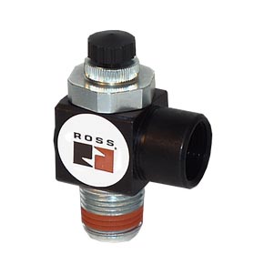 Picture of Ross 1968A1018 Pneumatic Flow Control Valve, 1/8" NPT x 1/8" Threaded Port, Right Angle Mounting, Standard Capacity, Knob Adjustment