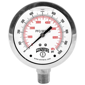 Picture of Winters Instruments PFQ702R1 - 4.0" PFQ Series Liquid Filled Gauge, 1/4" NPT Lower Mount, 30" Hg to 30 psi